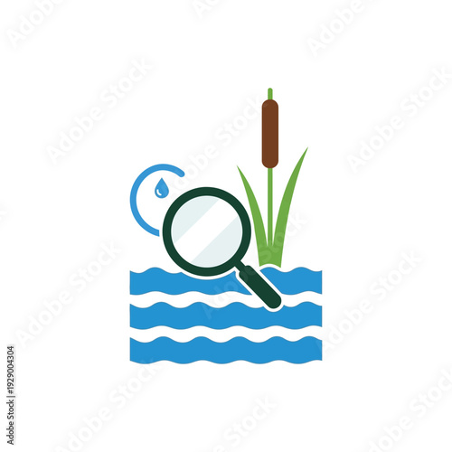 Magnifying Glass Examining Cattail in Water.