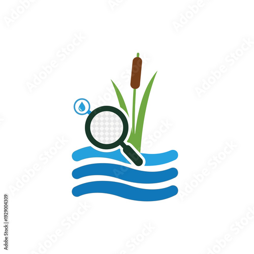 Magnifying Glass Examining Cattail in Water.