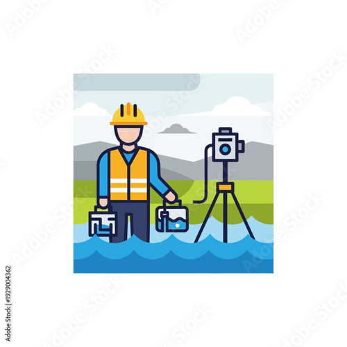 Surveyor with Camera and Equipment Standing.