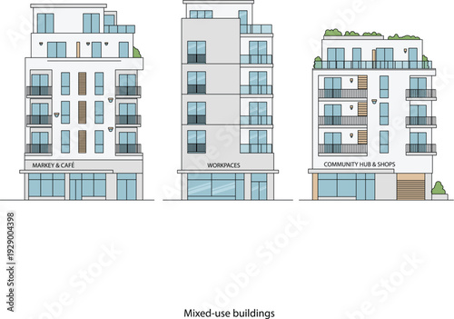 Flat vector illustration of modern mixed-use urban buildings featuring retail ground floors, balconies, rooftop greenery, and clean architectural lines in a contemporary city streetscape.
