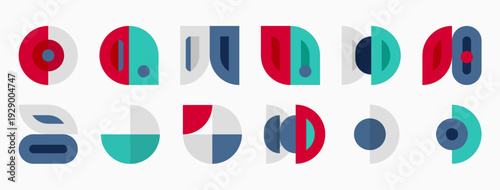 Abstract geometric shapes, colorful icons arranged horizontally. Minimalist design, flat illustration, modern aesthetic.