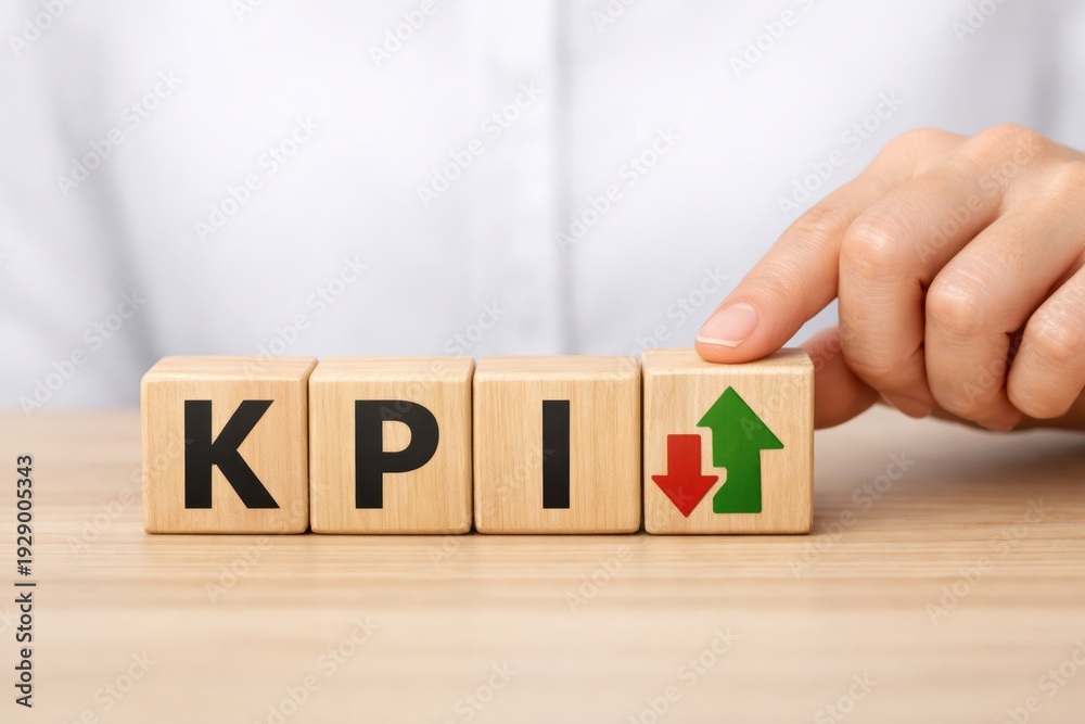 Naklejka premium KPI: Strategic Insights: A close-up view spotlights a hand artfully arranging wooden blocks spelling out KPI, paired with upward and downward arrows, representing key performance indicators.