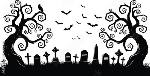 Spooky Halloween cemetery silhouette with gnarled trees, bats, crow, and tombstones in graveyard, isolated vector illustration for horror and dark holiday designs.