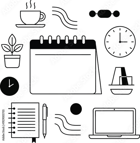 A minimalist office scene with a calendar, laptop, and coffee cup on a clutter-free desk