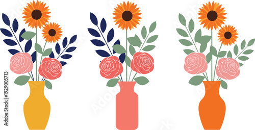 Vector Illustration of Colorful Flower Bouquets with Sunflowers, Roses, and Green Leaves in Vases