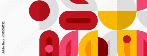 Abstract geometric shapes overlap. Red, yellow, pink hues dominate white background. Modern design, playful composition.