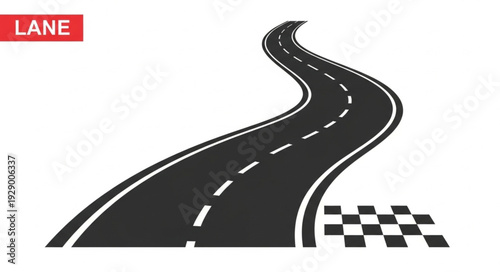 Curving road illustration with lane markings and checkered finish line.