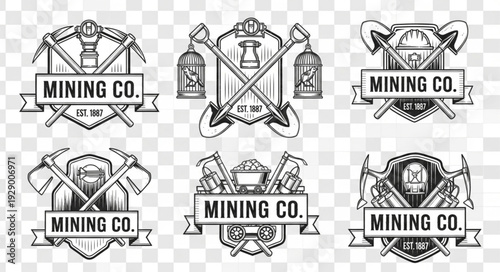 Vintage mining company emblems with tools and banners, retro designs.