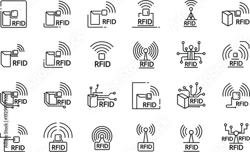 RFID Technology Icons Set Featuring RFID Tags, Readers