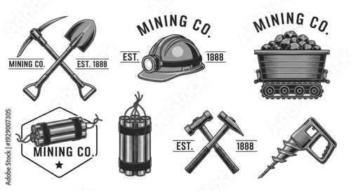 Vintage mining company logos featuring tools and equipment for industry.