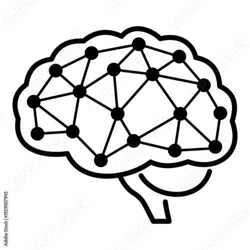 Machine learning symbol represented by a brain with connected nodes, illustrating artificial intelligence, data analysis, and automated learning technology.