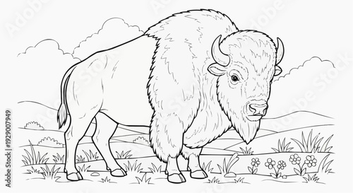 Coloring Page for Kids — Bison on Vast Prairie, Massive Silhouette of North American Wildlife