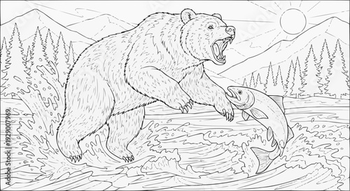 Coloring Page for Kids — Bear Catching Fish in River, Energy of a Dynamic Wildlife Scene