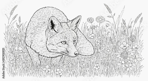 Coloring page for children - a fox is hunting, preparing to jump among wild flowers in a high meadow
