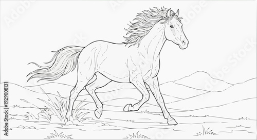 Coloring Page for Kids — Wild Horse in Windy Steppe, Freedom and Motion in Open Landscape