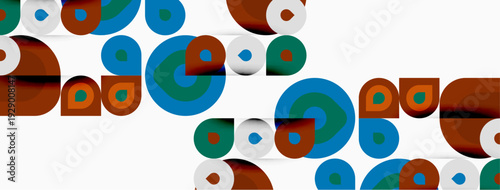 Abstract pattern features overlapping circles, various colors, simple shapes. Background is white, design feels retro, modern.