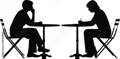 Two, women, silhouettes, sitting, at, cafe, tables, one, thinking, and, one, writing, on, paper, isolated, on, white, background, vector, illustration,