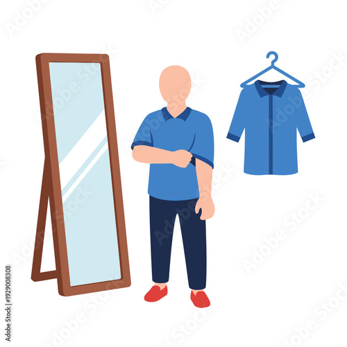 Person Getting Dressed in Front of a Mirror with Choices of Blue Shirts