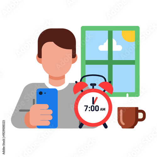 Morning Routine Man Checking Smartphone Alarm Clock Coffee Window