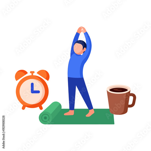 Morning Routine of a Man Stretching on a Yoga Mat with Coffee