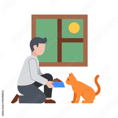 Feeding an Orange Cat with a Bowl by the Window in a Sunny Room