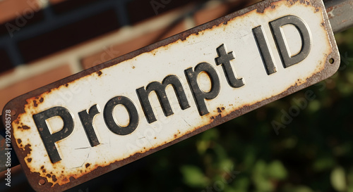 Rusty metal sign with 'Prompt ID' text on a weathered surface, suggesting a unique identifier or signal.