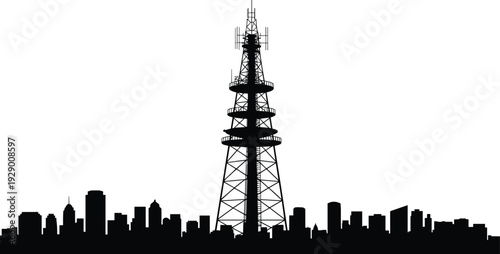Urban city skyline silhouette with large telecommunication radio tower, broadcast antenna over metropolitan buildings, communication technology concept vector icon, black, isolated.