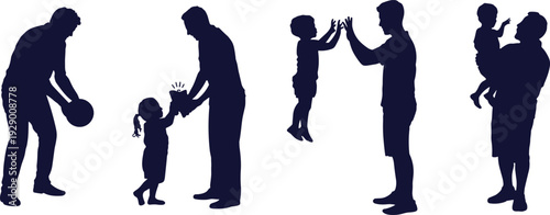 Father and child silhouette set vector illustration, dad playing lifting and bonding with kids flat design isolated