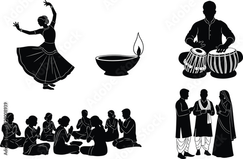 Indian cultural festival silhouette set vector illustration, traditional dance music diya and prayer flat black design