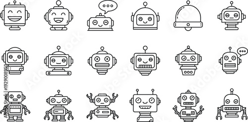 Cute Robot Line Icon Set Featuring Friendly AI Characters, Chatbots, and Futuristic Technology Symbols for Apps, Automation