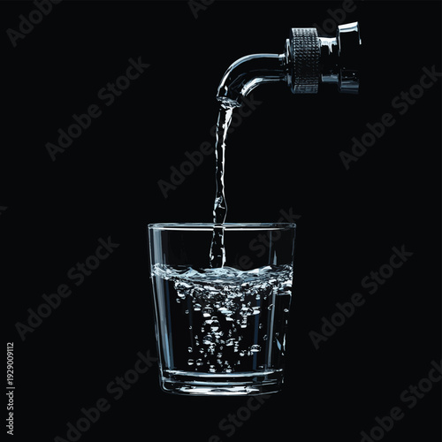 Dripping faucet pouring a single water droplet into a clear glass against a stark black background, symbolizing conservation and scarcity. , vector style simple color