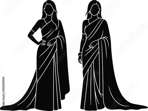 Indian women saree silhouette collection vector illustration, traditional ethnic female fashion flat black design isolated