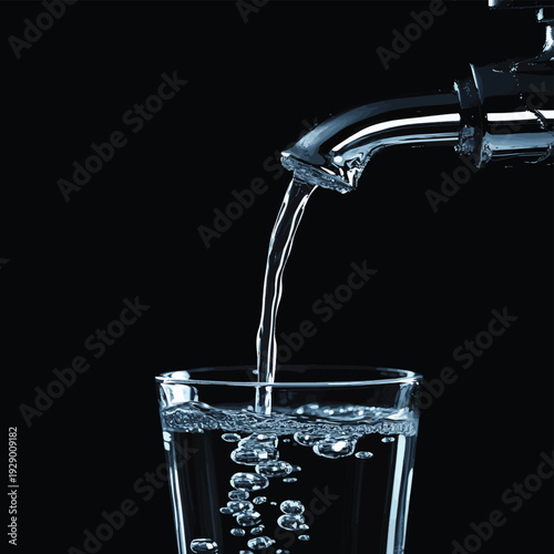 Dripping faucet pouring a single water droplet into a clear glass against a stark black background, symbolizing conservation and scarcity. , vector style simple color