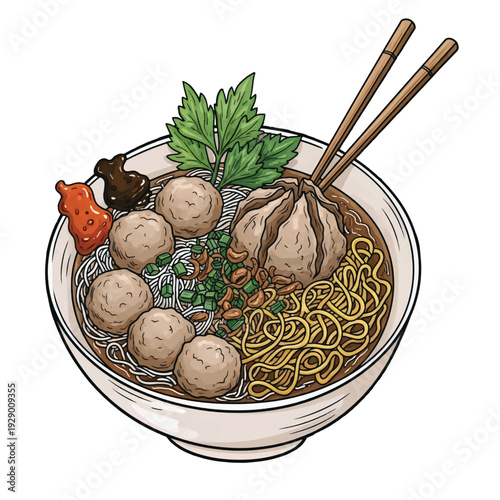 watercolor indonesia food bakso with vegetables