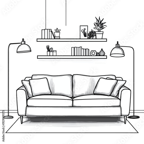 Modern living room interior design line art vector illustration. Minimalist home furniture outline drawing, contemporary domestic space decor. , vector style simple color