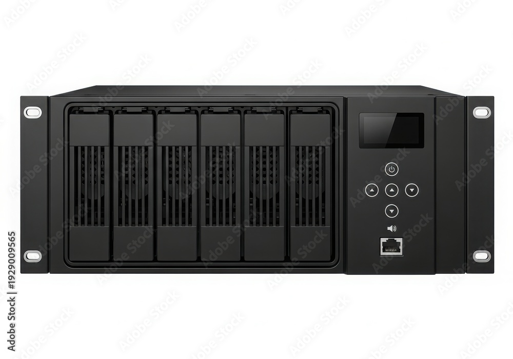 Obraz premium Black high-capacity enterprise storage server with multiple drive bays and front panel controls
