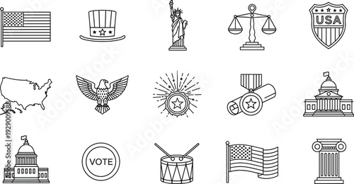 USA Patriotic Symbols and Government Icons Set Featuring American Flag, Eagle, Capitol Building, Liberty Statue, and Voting Elements
