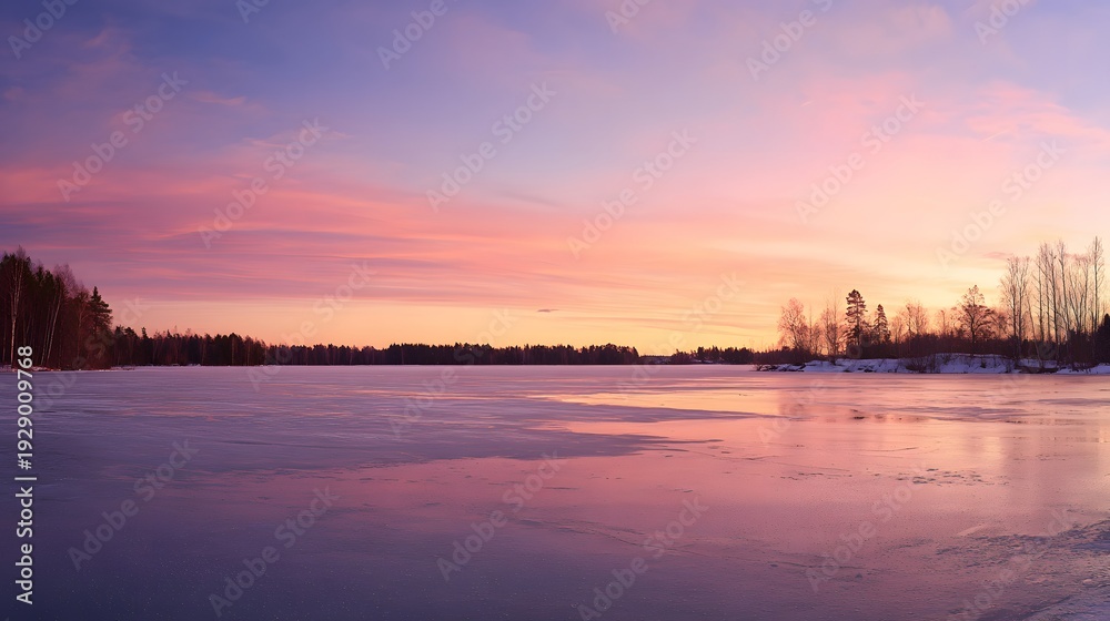 Obraz premium Serene winter sunset paints a frozen lake reflecting warm golden pink hues tranquility