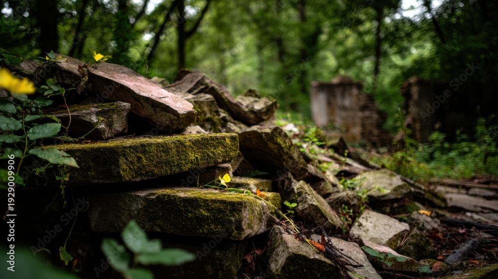 Fototapeta premium Crumbled Stone Wall Fragments in Overgrown Forest Setting