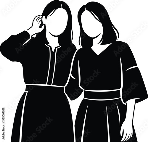 Two women friends silhouette vector illustration, female friendship fashion flat black design isolated on white background