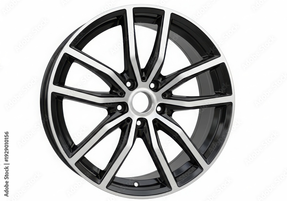 Obraz premium Black and silver alloy wheel with five-spoke design for automotive use