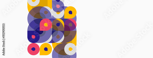 Abstract composition featuring overlapping circles. Colors include purple, yellow, orange, white. Minimalist design, modern aesthetic.