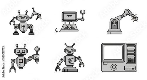 Collection of various robot designs in grayscale, perfect for technology concepts.