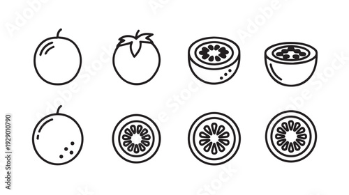 Fruit and Vegetable Icons: Orange Tomato and Citrus Slices Line Art