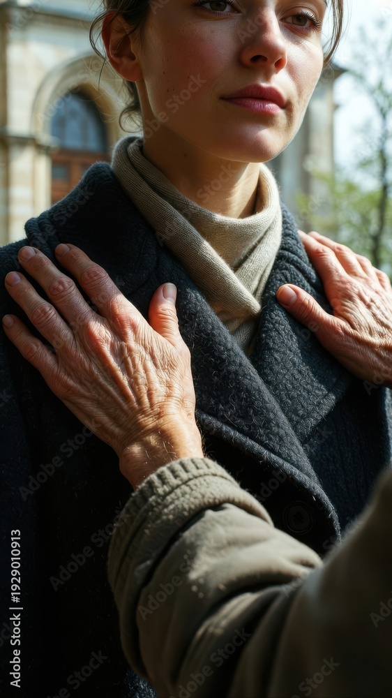 Fototapeta premium Hands Comforting Woman by Holding Her Shoulders