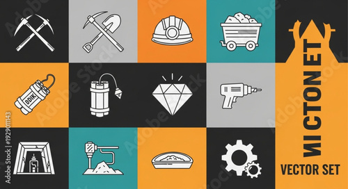 Mining tools and equipment illustration set on colorful background.