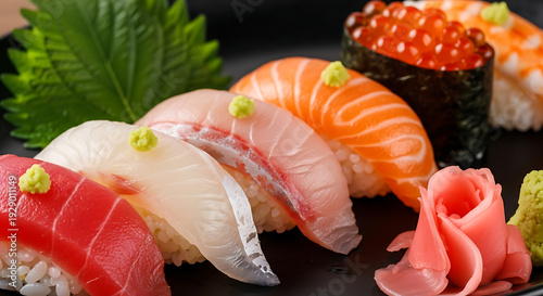 Delicious assortment of fresh sushi and sashimi arranged artfully with wasabi and ginger garnish