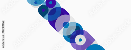 Abstract composition featuring overlapping circles, varying shades purple, blue. Minimalist design, clean lines, modern aesthetic.
