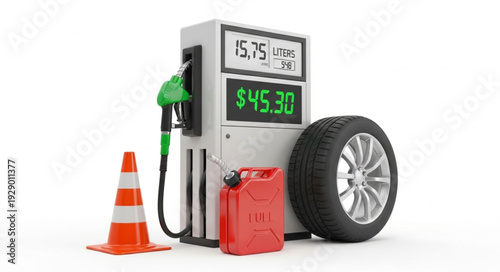 Gas pump with tire, cone, and gas can, fuel and vehicle maintenance.