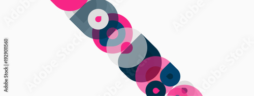 Abstract circles overlap, creating diagonal pattern. Pink, blue, gray hues dominate white background. Minimalist design.
